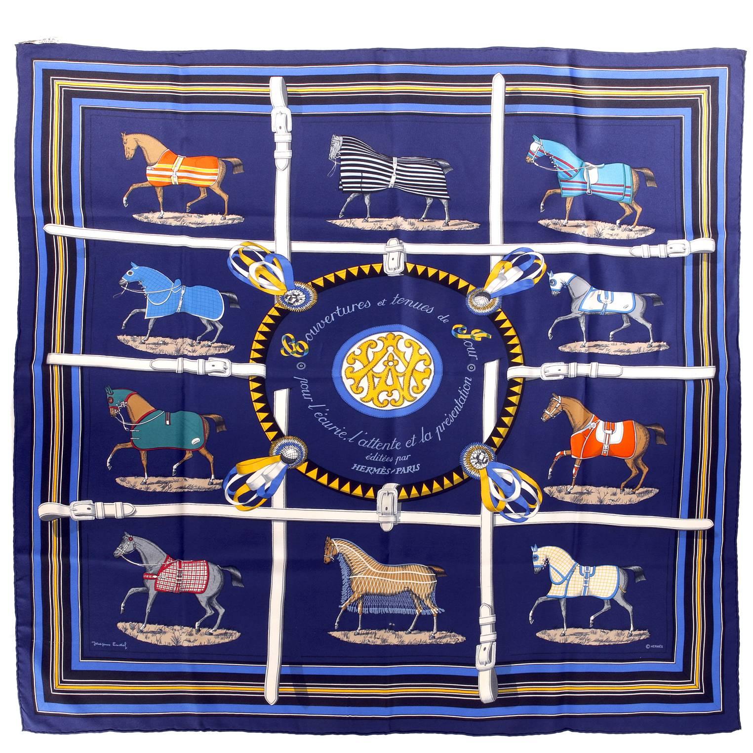 Hermès Navy Silk Couvertures et Tenues de Jour 90 cm Scarf