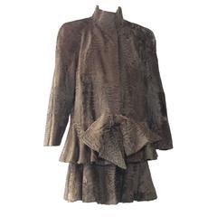 1980s James Galanos Taupe Swakara Drop-Waist Style Coat w/ Large Bow 5