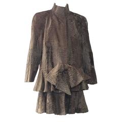 1980s James Galanos Taupe Swakara Drop-Waist Style Coat w/ Large Bow