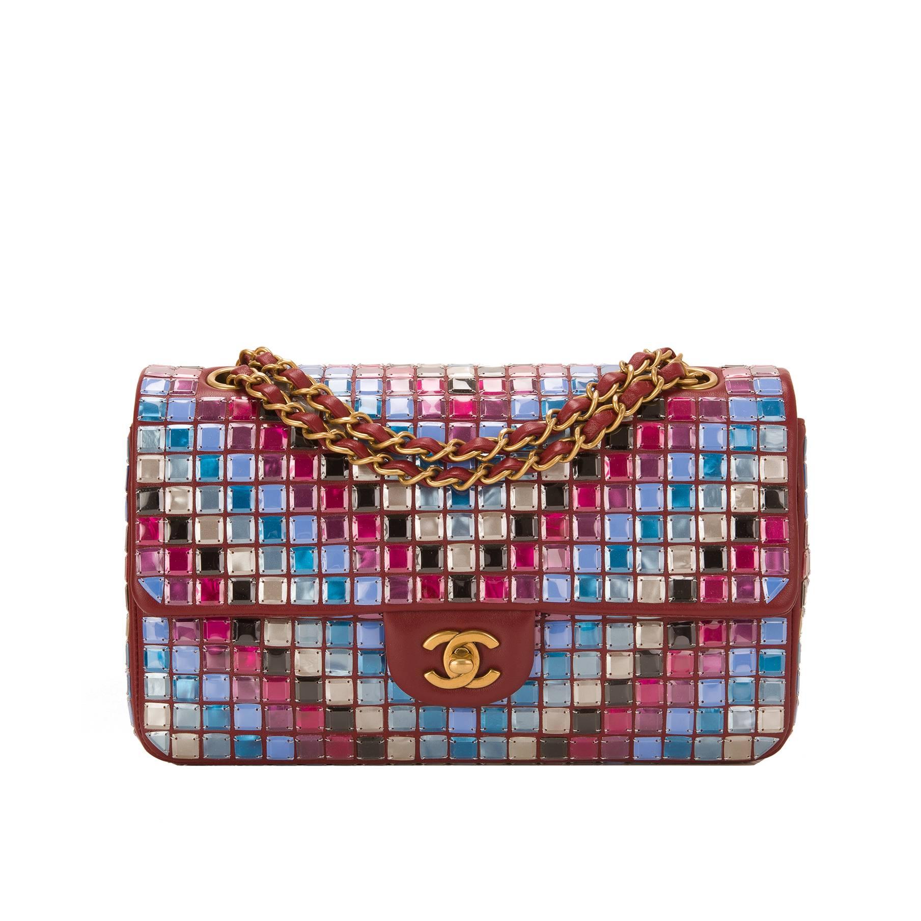 Chanel Runway Red Multicolor Lambskin Medium Mosaic Flap Bag