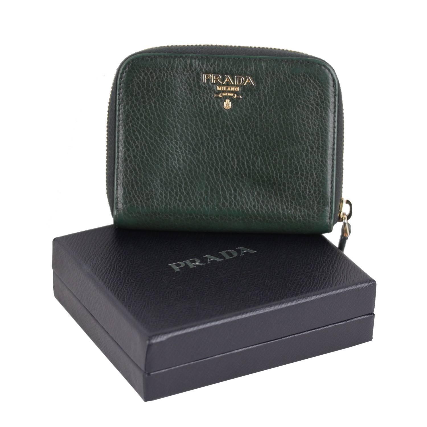 PRADA Italian Green VITELLO DAINO Leather COMPACT WALLET 1M0605 w ...  