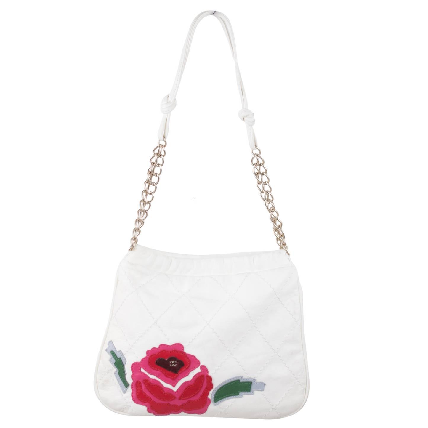 CHANEL White QUILTED Leather HANDBAG Purse TOTE w/ FLOWER Applique at ...