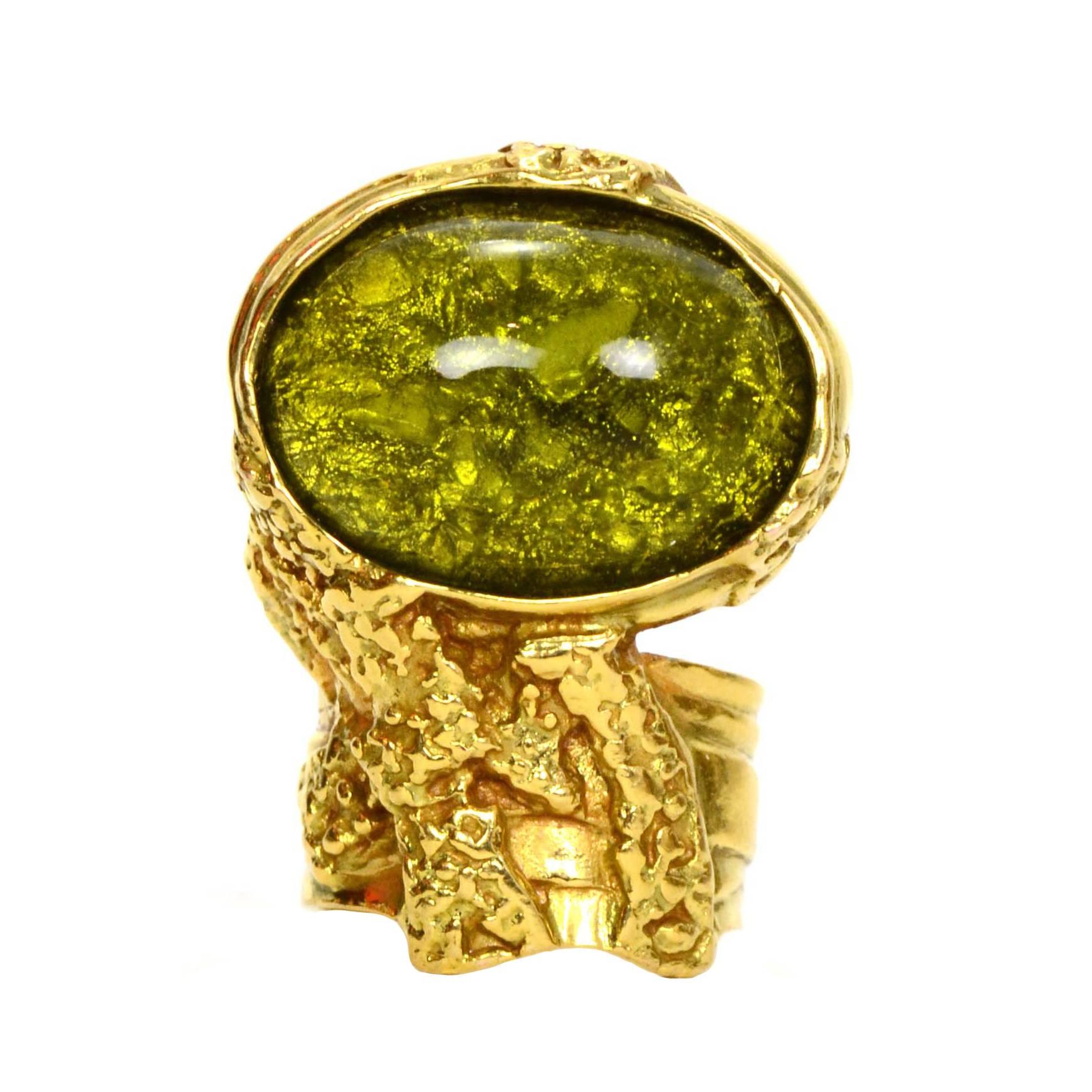 YSL Yves Saint Laurent Goldtone Green Stone Arty Ring sz 8