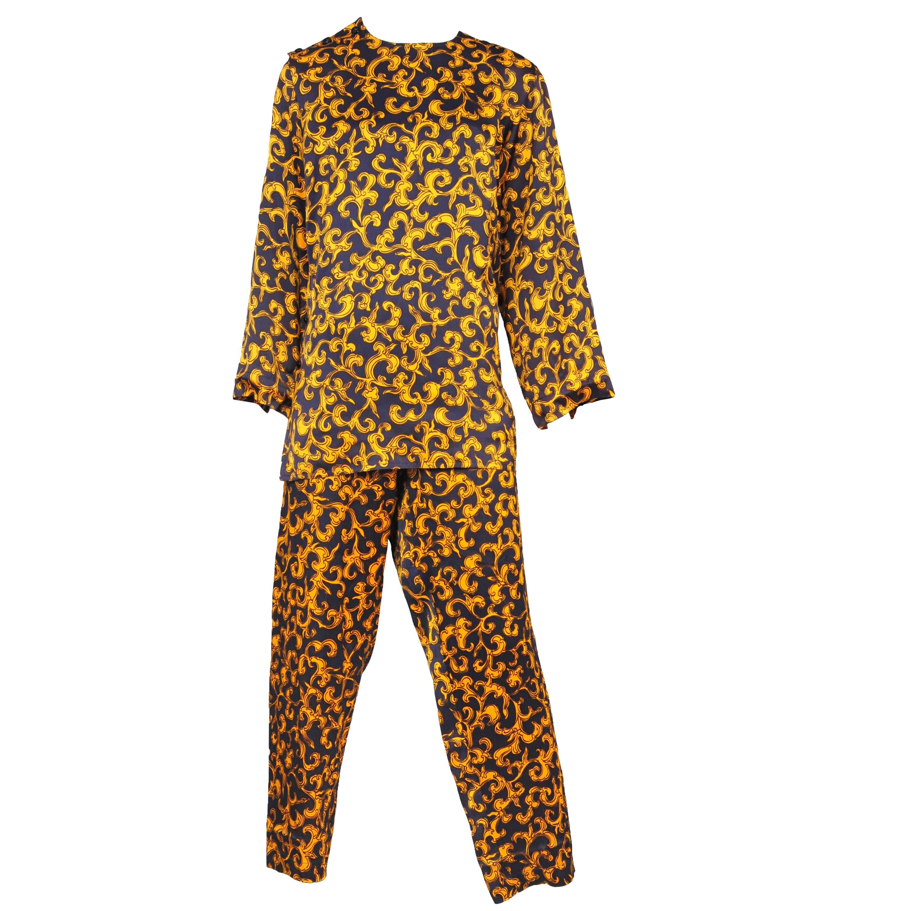 Vintage Yves Saint Laurent navy and gold baroque print pajama style pant set. 
Please inquire for additional images.