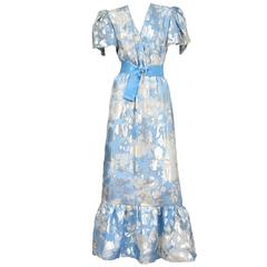 Retro Hanae Mori Blue Floral Metallic Gown 
