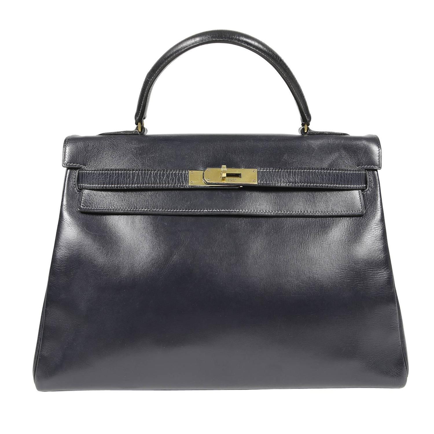 Hermes Navy Blue Box Calf Vintage Kelly- 32 cm For Sale at 1stdibs  