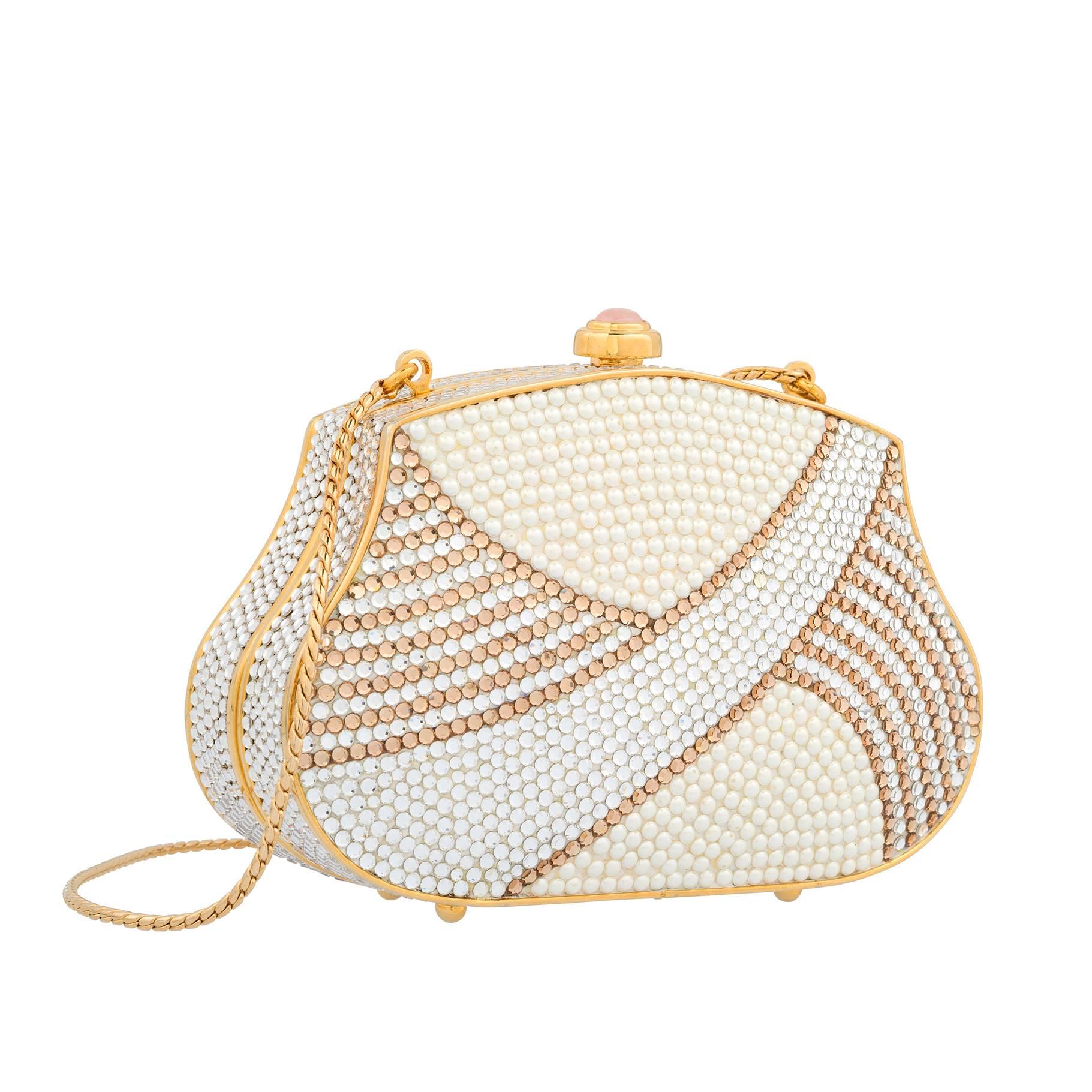 Judith Leiber Full Bead White & Gold Crystal Striped Minaudiere Bag For Sale