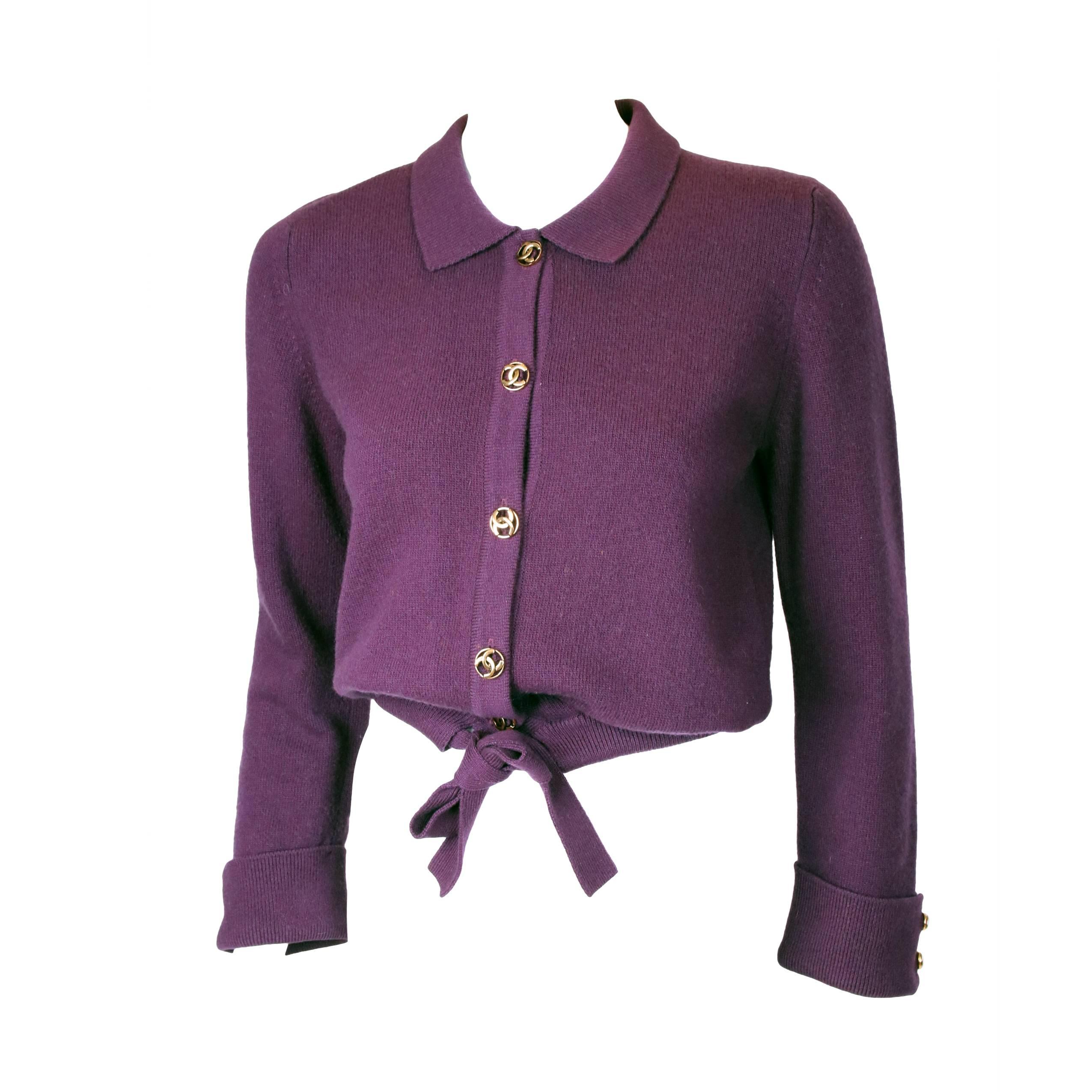 Chanel 100%Cashmere Purple/Plum Sweater Cardigan w/CC Logo Buttons & Waist Tie