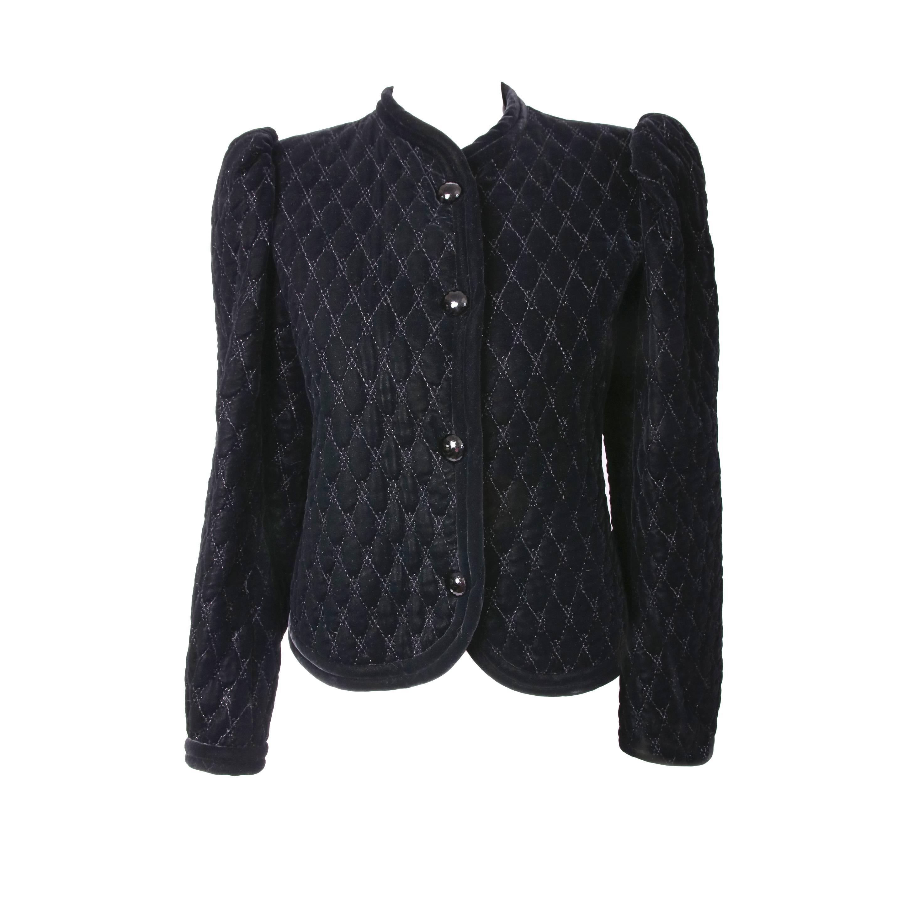 Vintage Yves Saint Laurent YSL Black Velvet Quilted Jacket w/Faceted Buttons