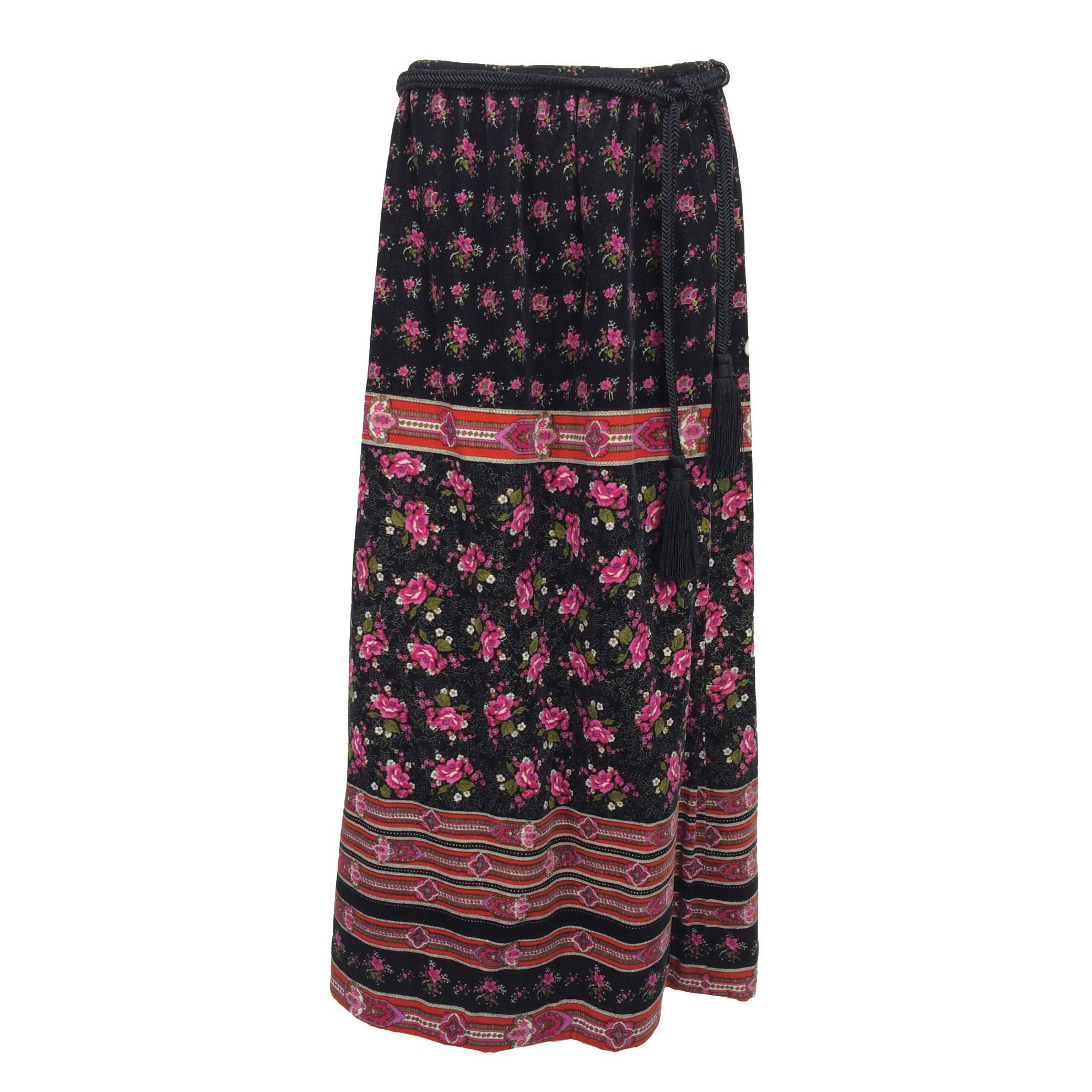 Lanvin floral printed velvet maxi skirt with tassel cord belt 1970s
