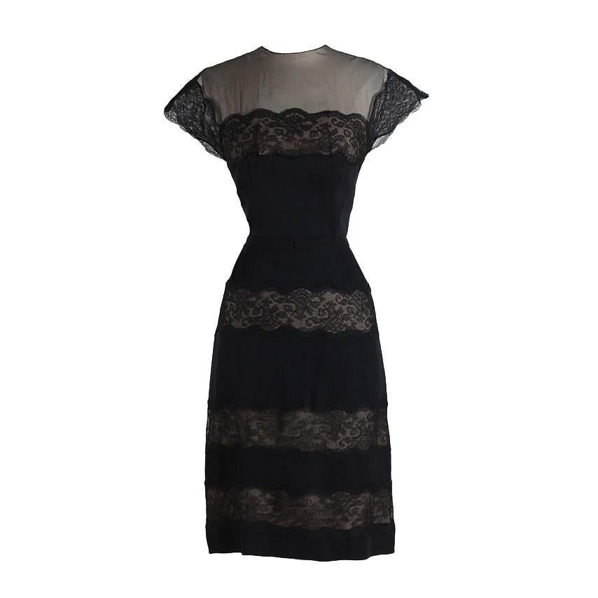 Vintage 1940s Peggy Hunt Black Illusion Dress For Sale