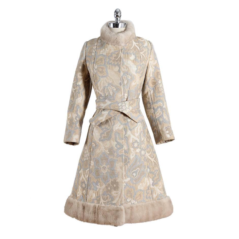 Vintage 1960s Golet Brocade Wool and Mink Fur Coat For Sale