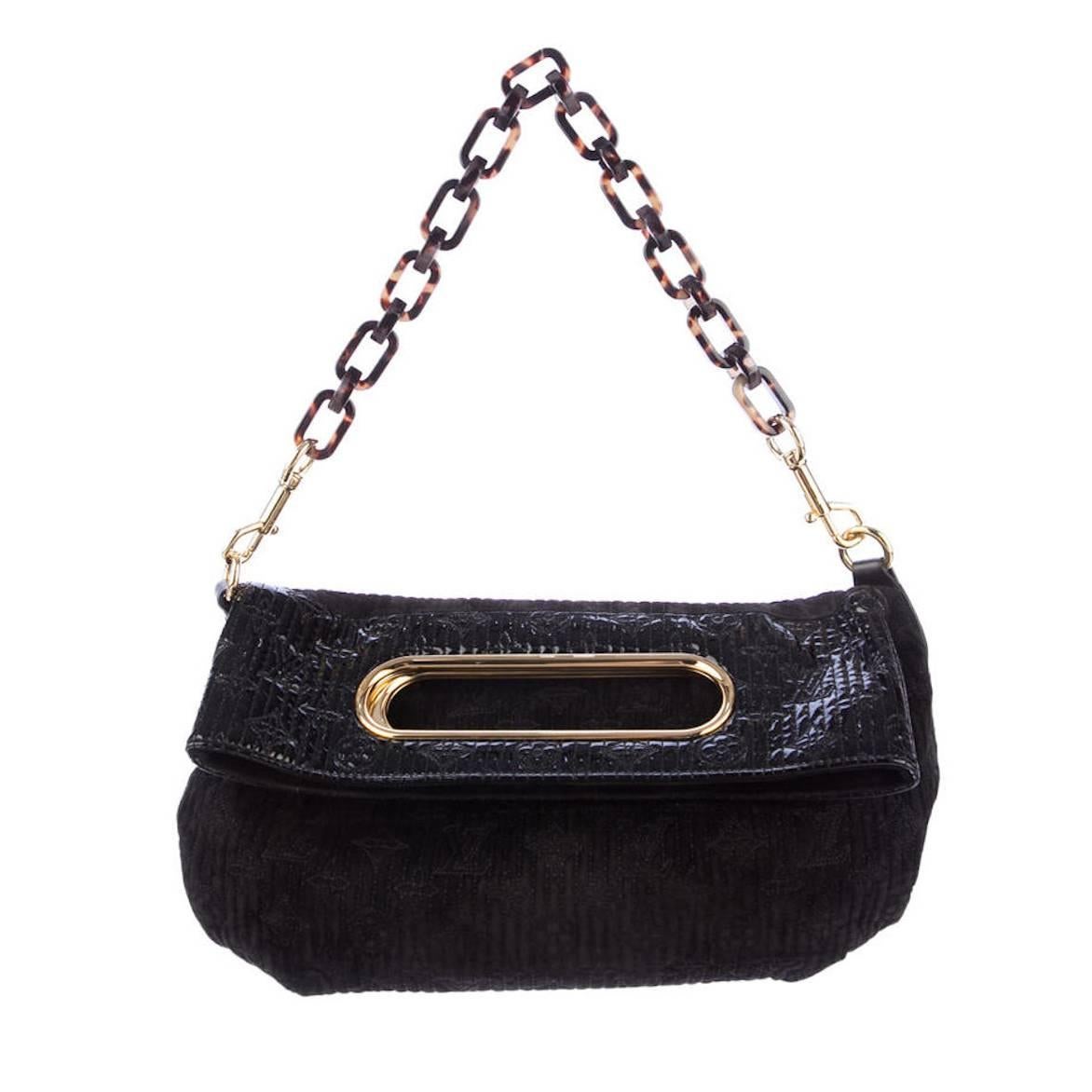 Louis Vuitton Monogram Black Suede Patent Leather Tortoise Chain Shoulder Bag