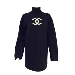 Chanel Navy Blue Wool Varsity Pullover Sweater Dress With Ivory Logo Patch