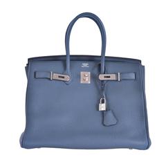 Hermes 35cm Birkin Bag Blue Orage Palladium hardware Clemence JaneFinds