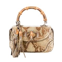 Gucci Nude & Brown Python Snakeskin Bamboo Top Handle Flap Satchel Shoulder Bag