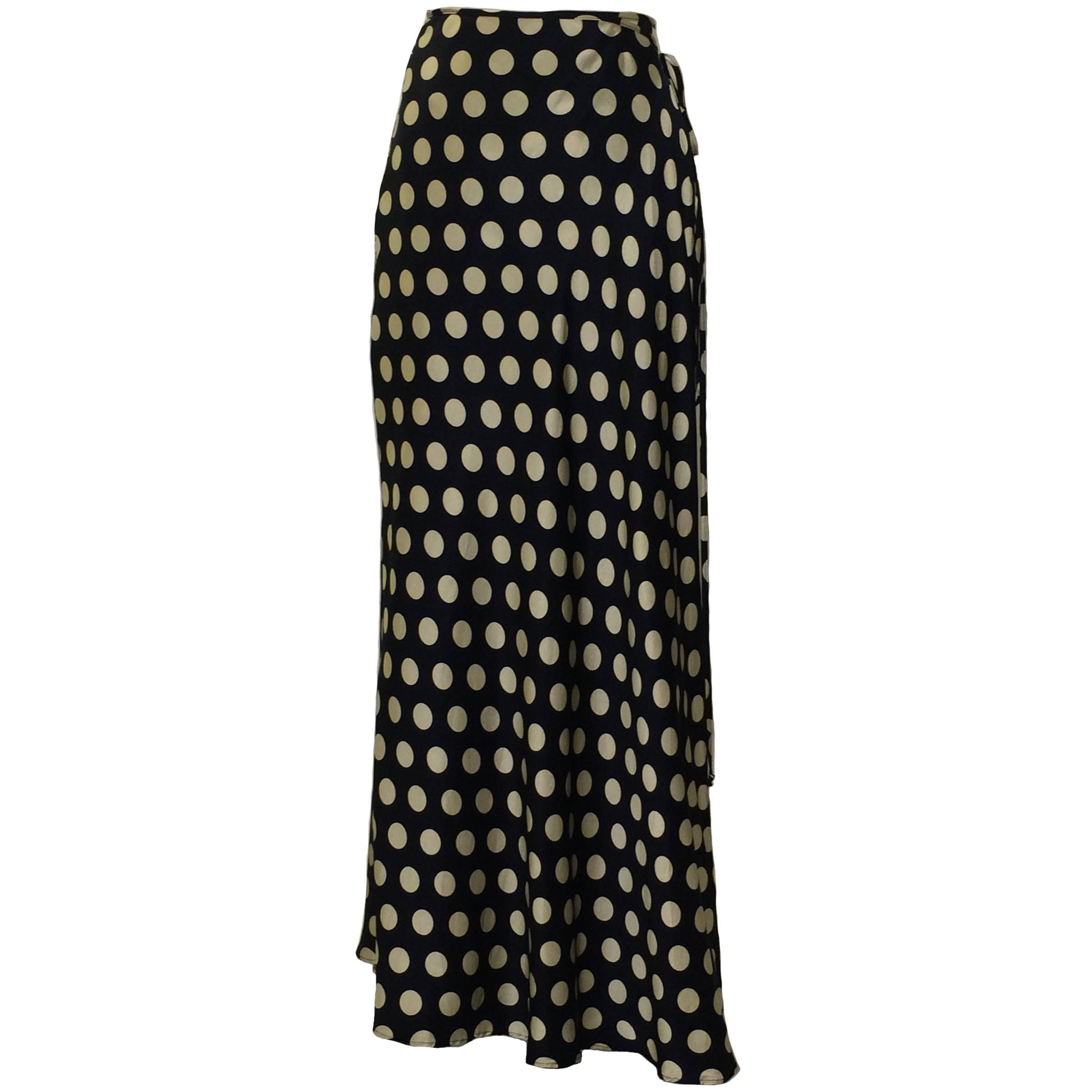 Moschino Couture! 80s Black and White Silk Polka Dot Wrap Maxi Skirt