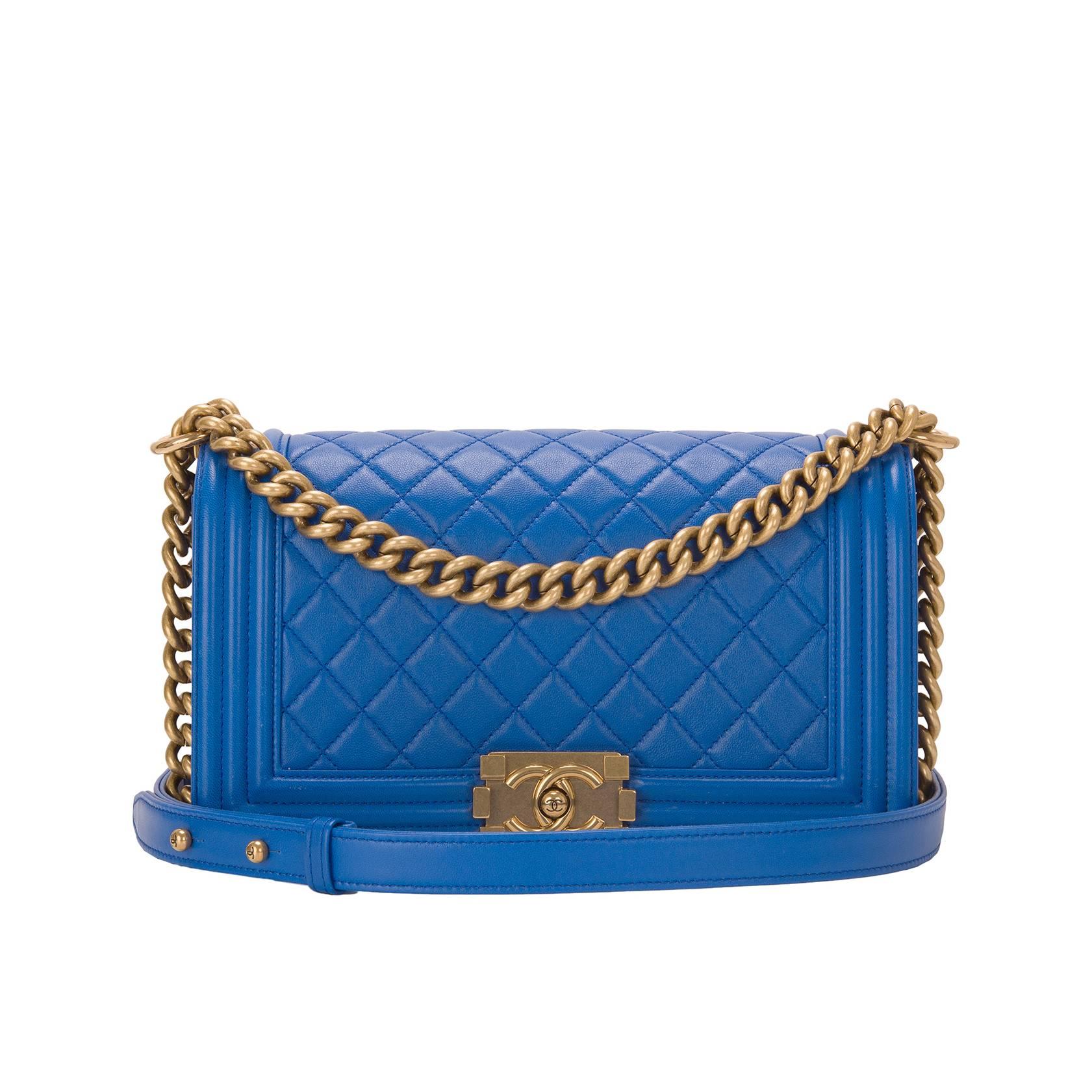 Chanel Blue Quilted Lambskin Medium Boy Bag