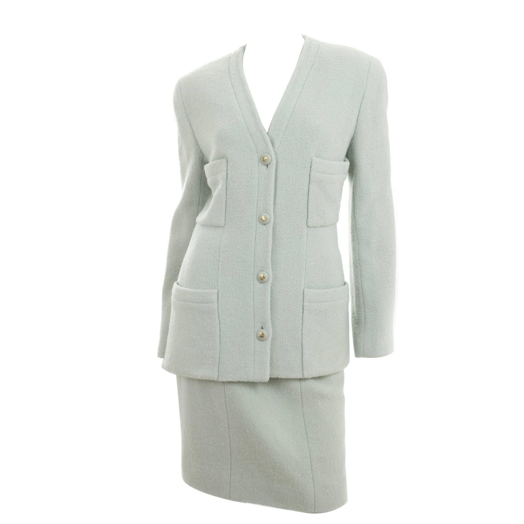 Vintage 1993 Chanel Boucle Suit in Mint Green and CC Logo Buttons For Sale