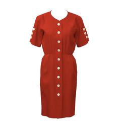 1980's Yves Saint Laurent YSL Red Linen Dress with White Buttons