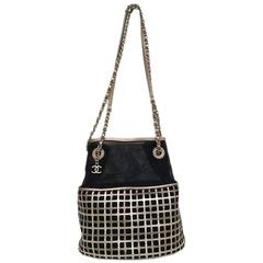 Chanel Black Leather and Mesh Fabric Gold Chain Hardware Bucket Shoulder Bag