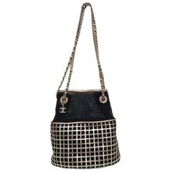 Chanel Black Leather and Mesh Fabric Gold Chain Hardware Bucket Shoulder Bag