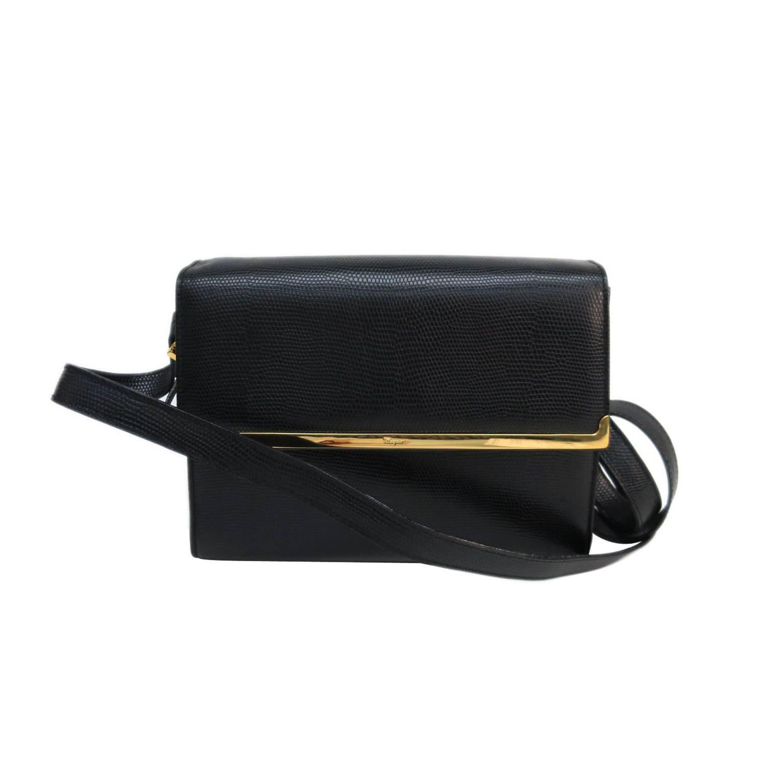 Salvatore Ferragamo Black Leather Flap Gold Hardware Crossbody Shoulder Bag