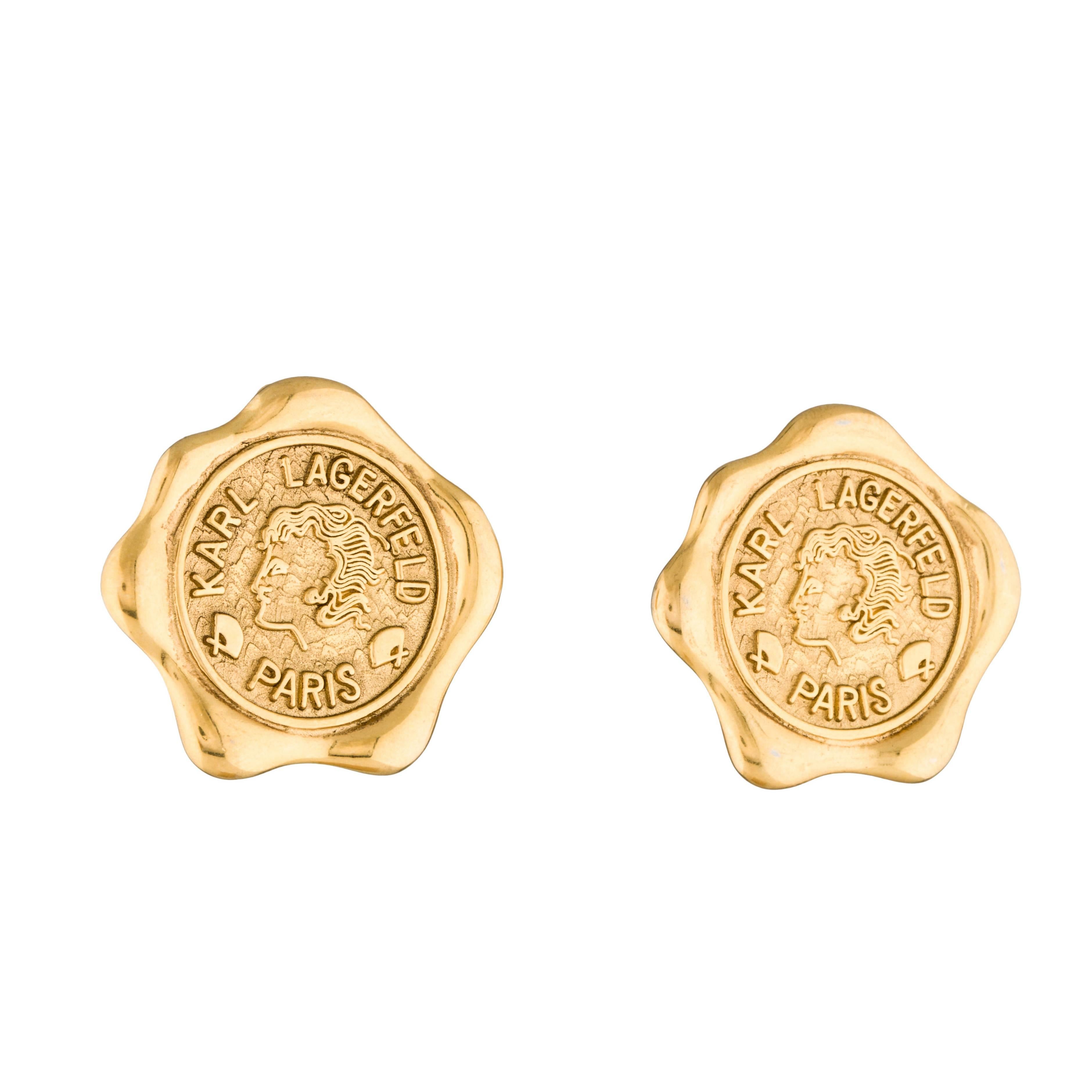 Karl Lagerfeld Vintage 90s Gold Tone Wax Seal Coin Stamp Earrings Clip On