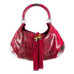 Gucci Red and Black Python Bamboo Silver Hardware Hobo Top Handle Shoulder Bag
