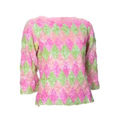 1960s Valentina Vintage Pastel Pink & Green Lined Wool Sweater With Sequins