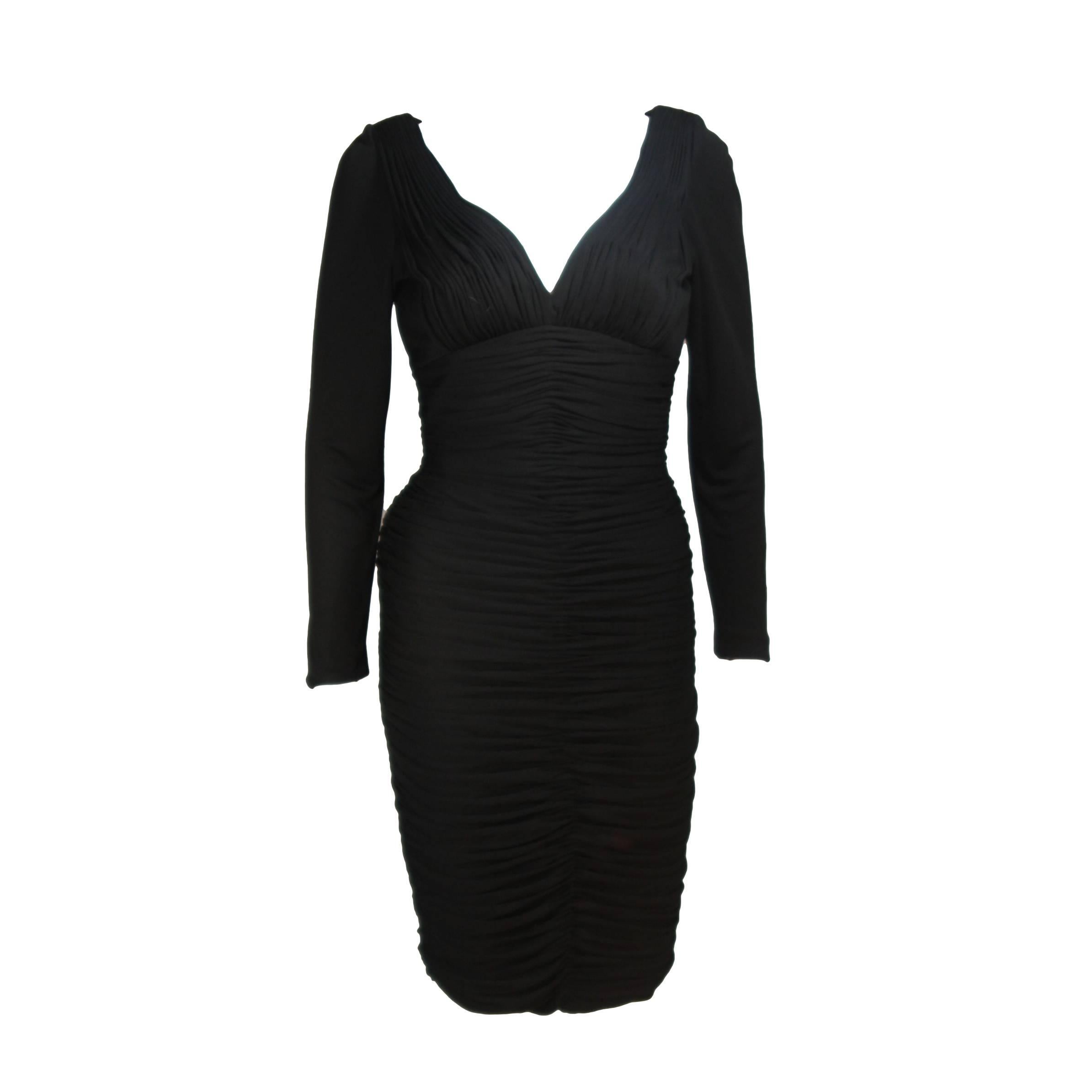 VICKY TIEL Black Long Sleeve Rouched Jersey Cocktail Dress Size 4-6