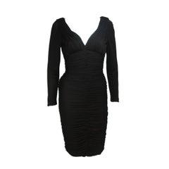 Vintage VICKY TIEL Black Long Sleeve Rouched Jersey Cocktail Dress Size 4-6