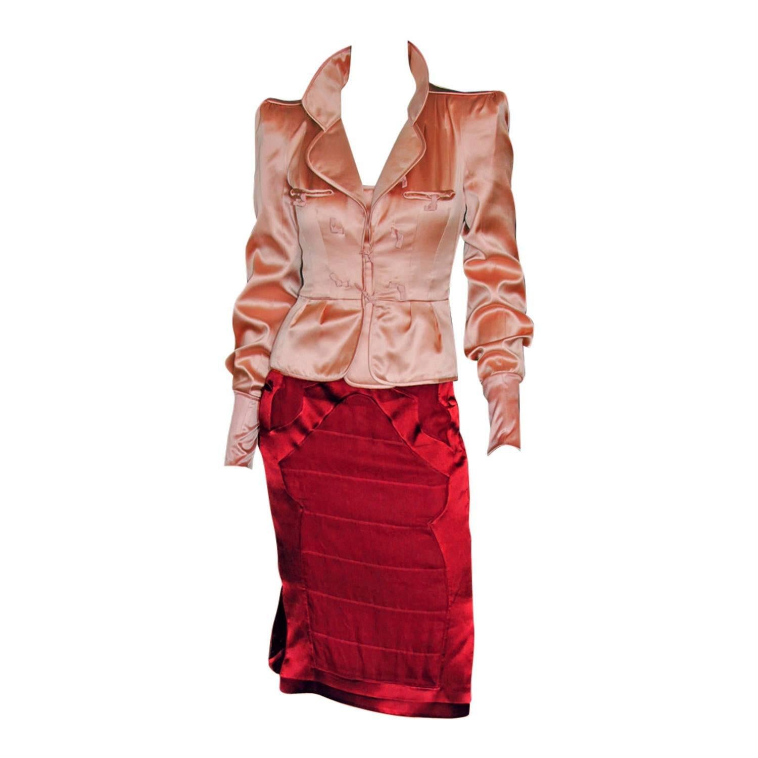 Iconic Tom Ford YSL Rive Gauche FW04 Chinoiserie Runway Nude Jacket 
Red Skirt!