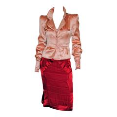 Used Iconic Tom Ford YSL Rive Gauche FW04 Chinoiserie Runway Nude Jacket & Red Skirt!