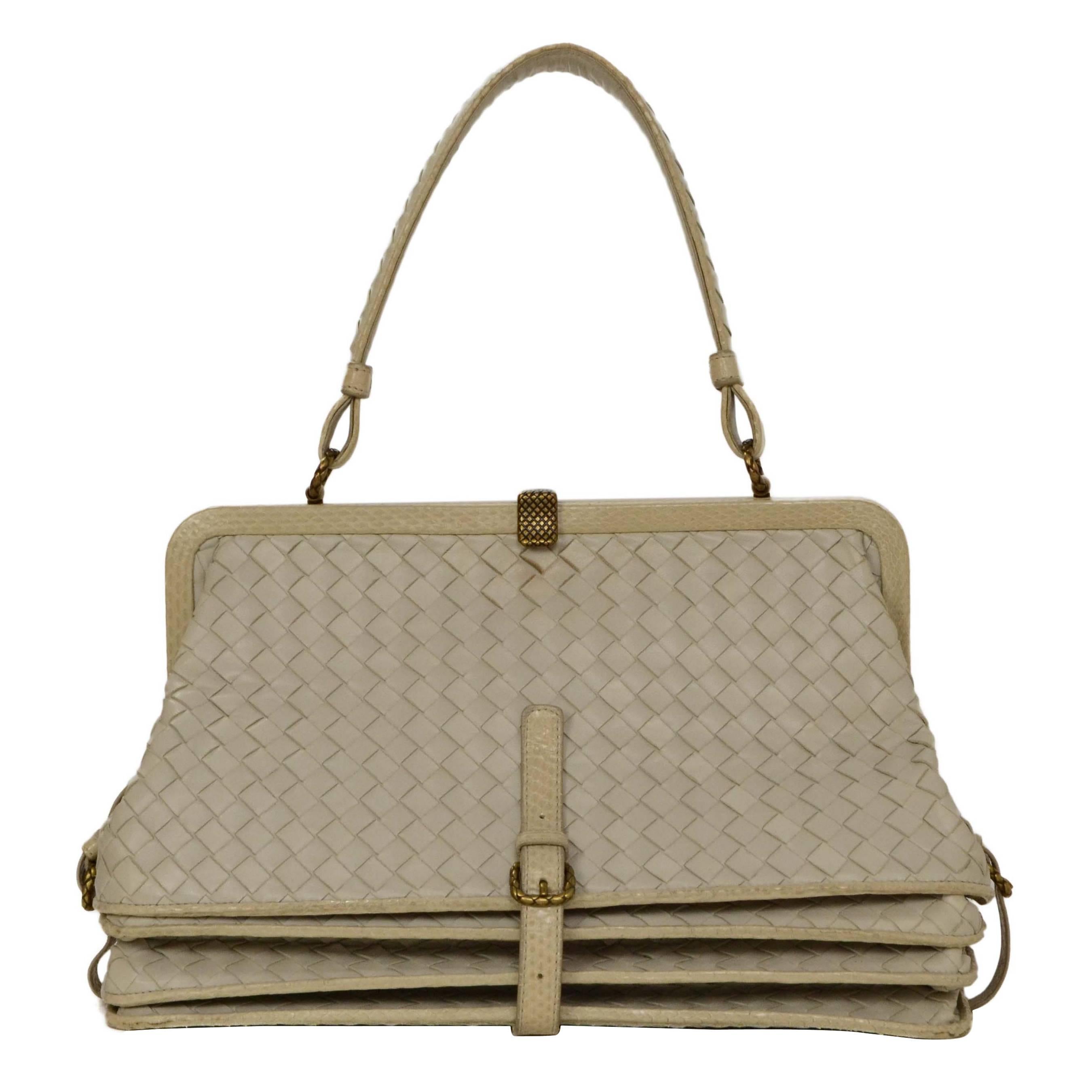 Bottega Veneta Cream Woven Leather Frame Bag BHW