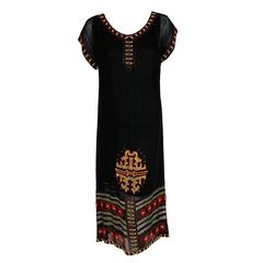 1920's Ethnic Beaded & Embroidered Bohemian Silk Chiffon Art-Deco Flapper Dress