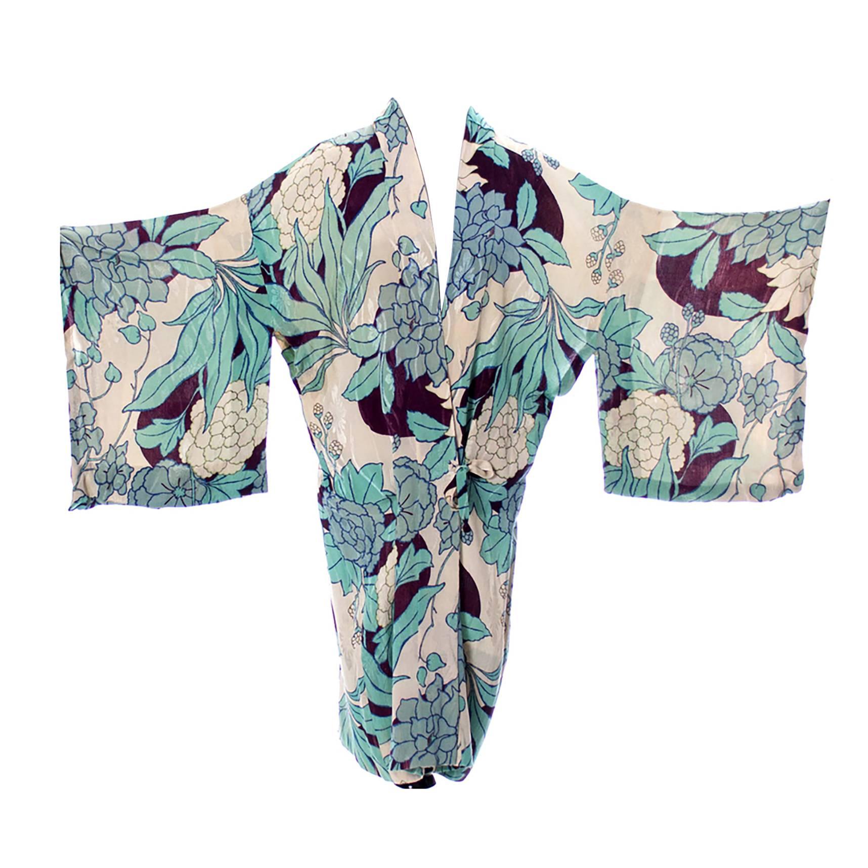 Silk Vintage Kimono Robe Hostess Gown Floral 1920s 1930s Flowers