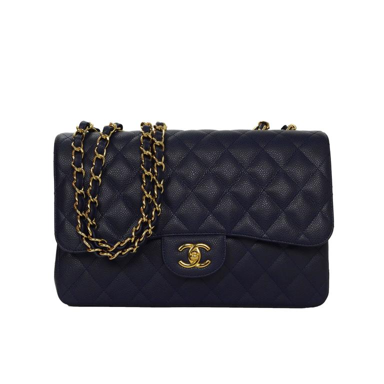 Chanel Navy Quilted Caviar Jumbo Classic Flap Bag GHW For Sale at 1stDibs