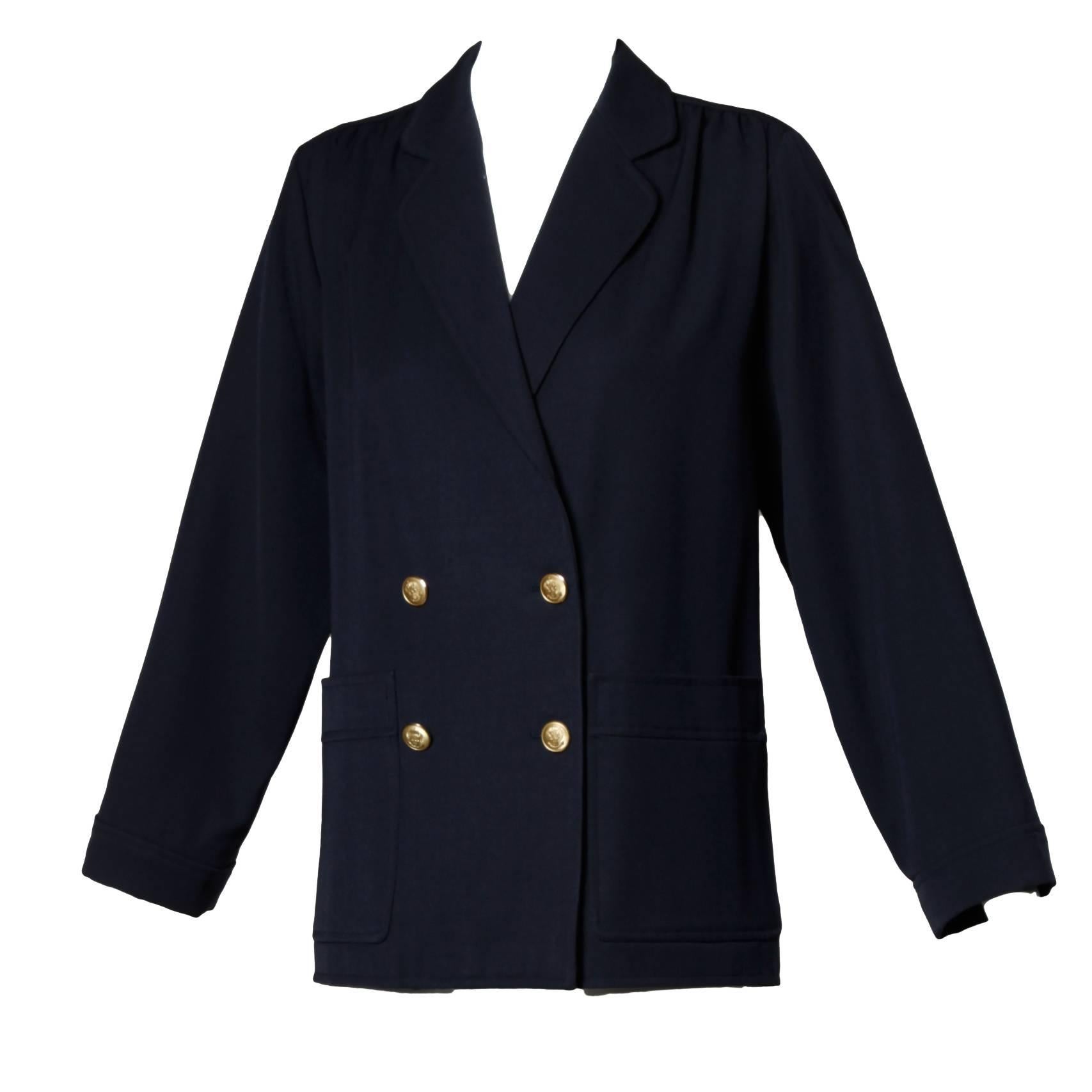 Saint Laurent Rive Gauche Vintage Navy Blue Wool Military Buttons Blazer Jacket