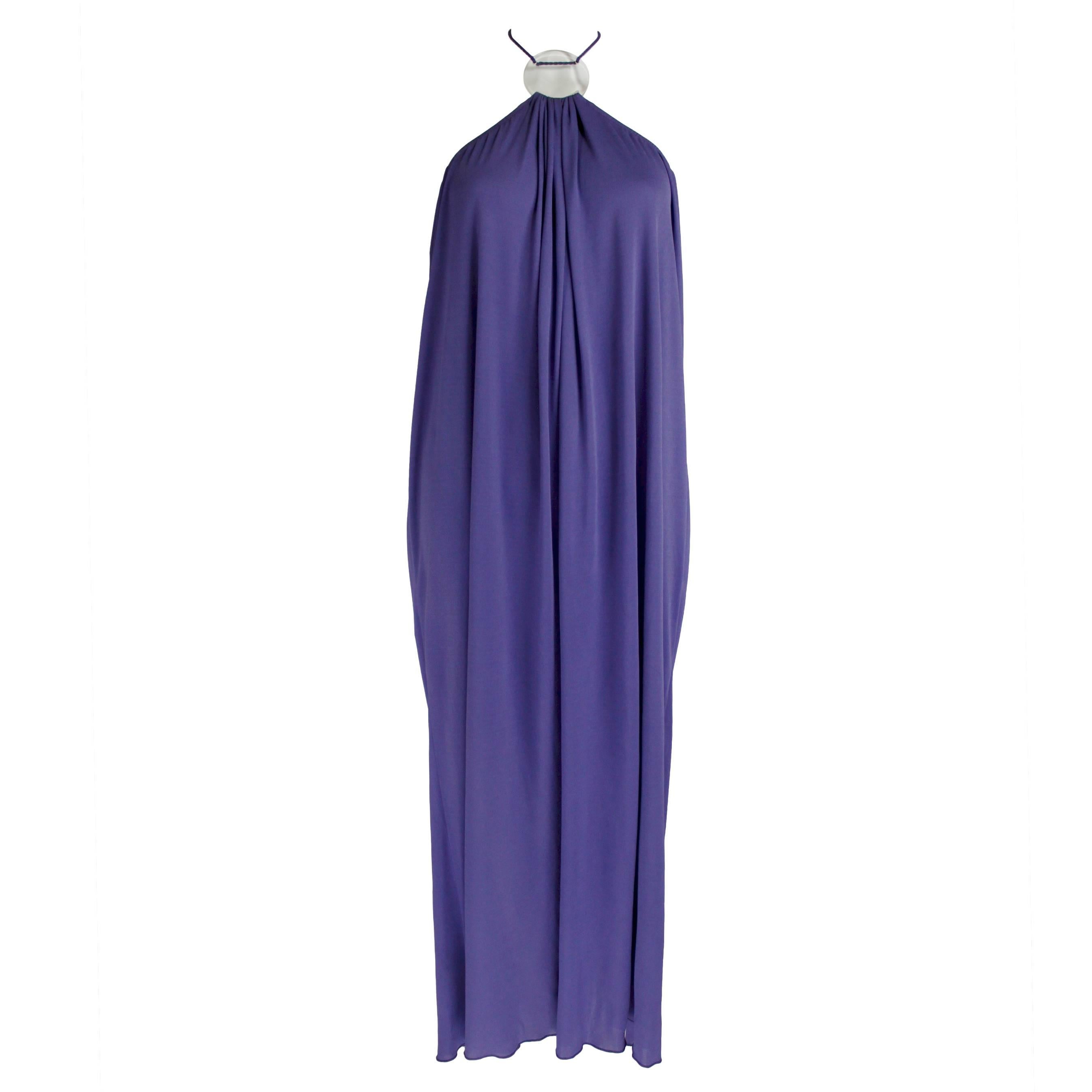 1970s Callaghan Purple Jersey Gown with Lucite Halter Neck For Sale