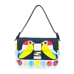 Fendi Multi-color Beaded & Fringe Bird Denim and Leather Baguette Bag New