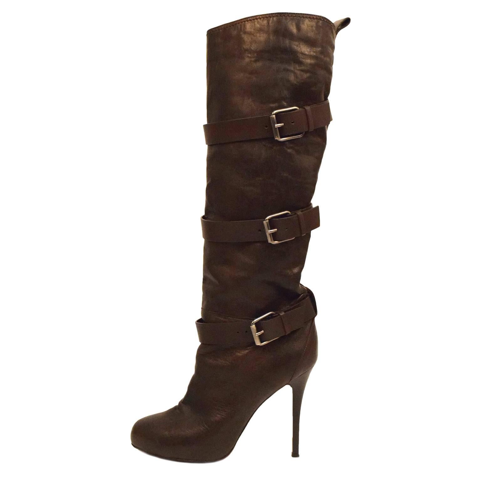 Giuseppe Zanotti Brown Textured Leather Three Buckle Boot For Sale