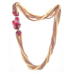 Goossens for Chanel Multi-strand Pearl & Pâte de verre Camellia Necklace 1970s 8