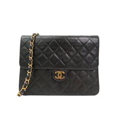Chanel Vintage Schwarz gesteppt Lammfell Leder Klappe Crossbody Umhängetasche
