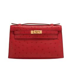 Hermes Rouge Vif Ostrich Mini Kelly Pochette Gold Hardware