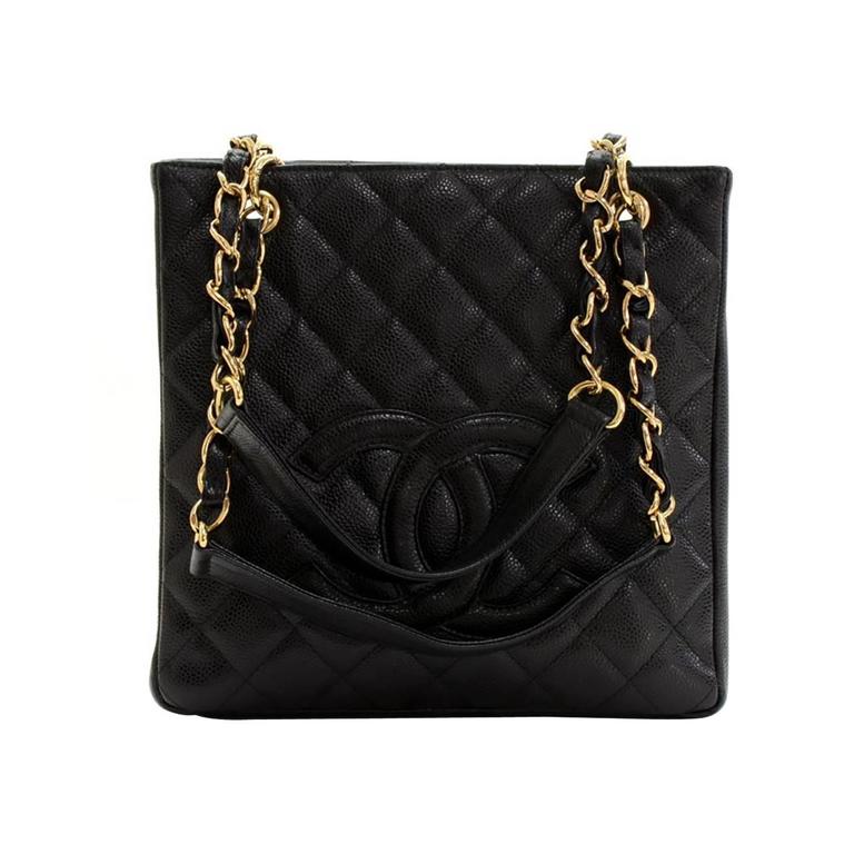 2000s Chanel Black Quilted Caviar Leather Petite Shopping Tote PST at ...