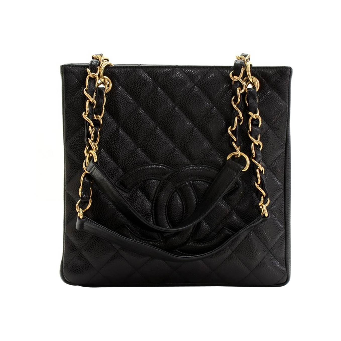 2000s Chanel Black Quilted Caviar Leather Petite Shopping Tote PST