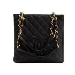 2000s Chanel Black Quilted Caviar Leather Petite Shopping Tote PST