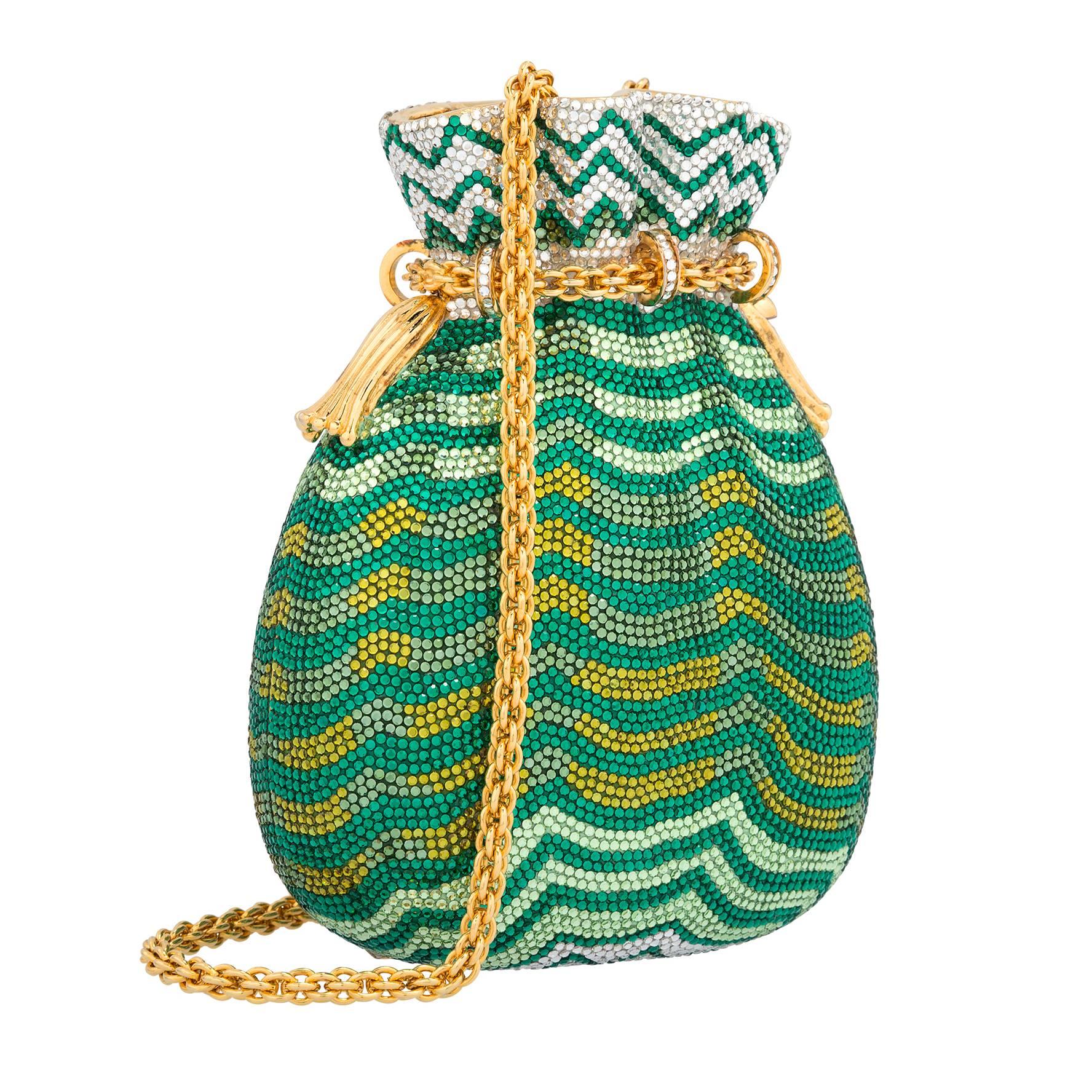 Judith Leiber Full Bead Green & Silver Crystal Miser's Bag Minaudiere Bag For Sale