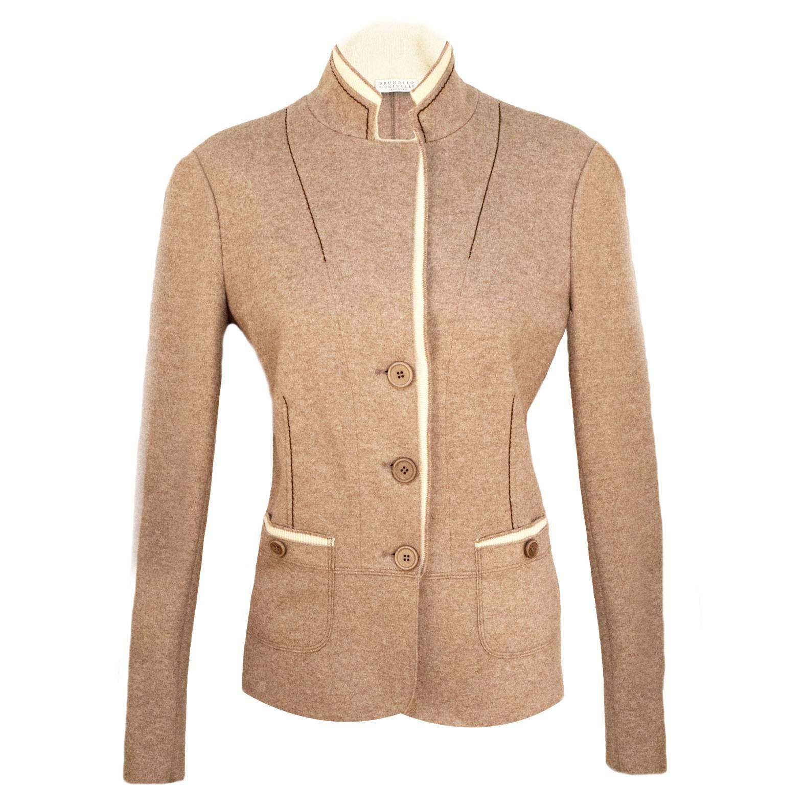 Brunello Cucinelli Cashmere and Biege Wool Single Breasted Jacket  For Sale